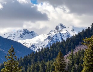 Snowy peaks rise behind a verdant forest under a cloudy sky