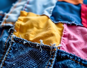 Vibrant Patchwork Denim Fabric Closeup