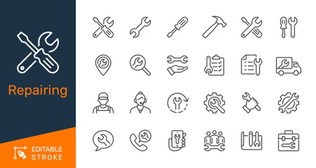 Repair thin line icon collection for tools, service, maintenance and mechanic concept. Editable stroke. Pixel perfect.