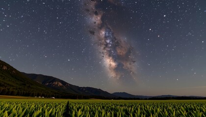 Starry Night Sky Over Calm Field