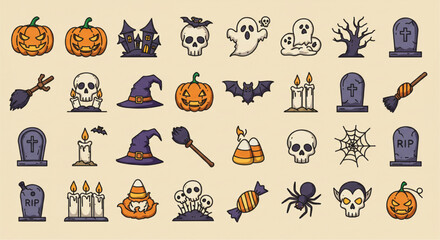 Halloween Flat Icon Set: Spooky Vector Collection of Pumpkin, Witch, Skull, Bat, Ghost & Graveyard Elements