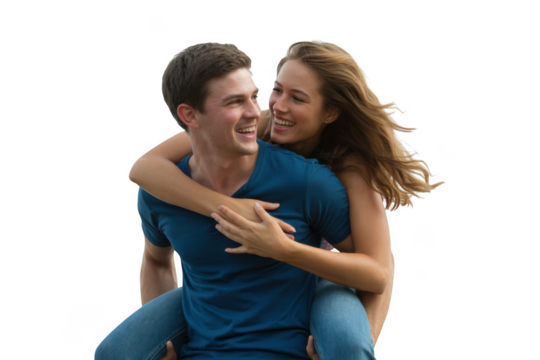 Joyful young couple sharing a piggyback ride with smiles and affection transparent background