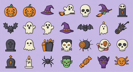 Halloween Flat Icon Set: Spooky Vector Collection of Pumpkin, Witch, Skull, Bat, Ghost & Graveyard Elements