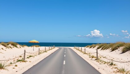 Serene Beach Road Scene with Umbrella and Clouds