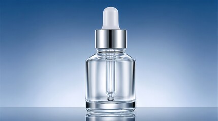 Glass bottle with dropper on blue background, close up of glass bottle dropper and liquid on plain blue surface for various applications.