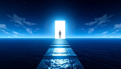 A figure stands before a luminous portal over the water at night