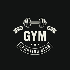 Vintage emblem for a gym and sporting club featuring a barbell, established in 2023, with a retro aesthetic.