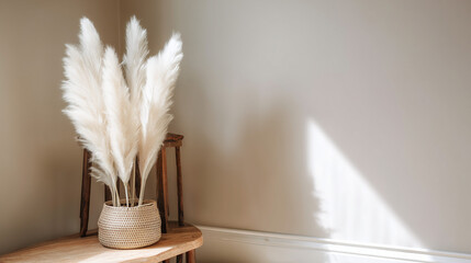 feathery. Bohemian-style pampas grass arrangement in neutral tones with warm sunlight. gardening catalogs, home-decor guides, designed for home decor and floral branding, used by food bloggers.