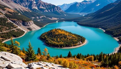 Aerial View Turquoise Lake with Autumn Foliage