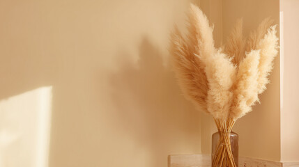 feathery. Bohemian-style pampas grass arrangement in neutral tones with warm sunlight. gardening catalogs, home-decor guides, designed for home decor and floral branding, used by food bloggers.