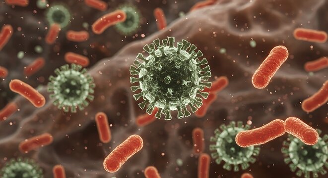 Microscopic world background, viruses, bacteria, and cells floating in liquid, glowing edges, medical science theme, photorealistic detail - Powered by Adobe