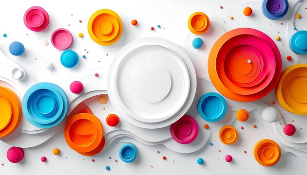 A vibrant abstract design featuring layered concentric circles and spheres in bright colors on a white background