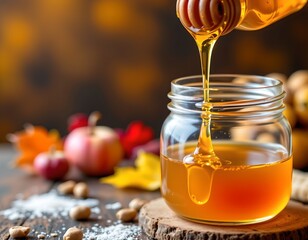 Closeup Honey Pouring Into Glass Jar