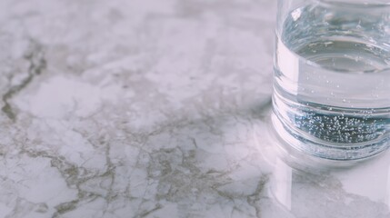 condensation. A close-up of a clear water glass with condensation on a sleek marble surface, reflecting light in a minimalist setting. bar promotions.