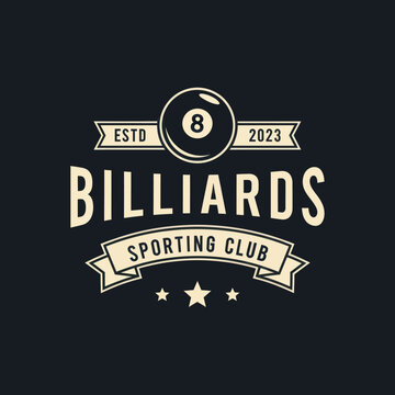 A vintage-style logo for a Billiards Sporting Club featuring an eight ball and classic banners.