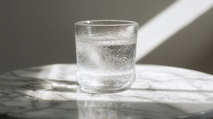 condensation. A close-up of a clear water glass with condensation on a sleek marble surface, reflecting light in a minimalist setting. bar promotions.