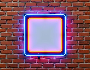 Neon Sign Board with Blue Frame Brick Wall