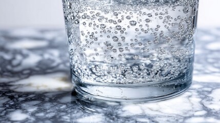 condensation. A close-up of a clear water glass with condensation on a sleek marble surface, reflecting light in a minimalist setting. bar promotions.