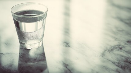 condensation. A close-up of a clear water glass with condensation on a sleek marble surface, reflecting light in a minimalist setting. bar promotions.