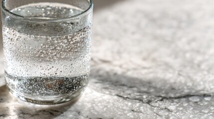 condensation. A close-up of a clear water glass with condensation on a sleek marble surface, reflecting light in a minimalist setting. bar promotions.