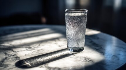 condensation. A close-up of a clear water glass with condensation on a sleek marble surface, reflecting light in a minimalist setting. bar promotions.