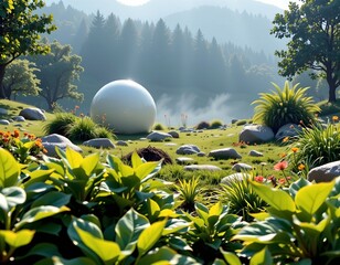 Serene Green Landscape with Organic Sphere and Soft Light