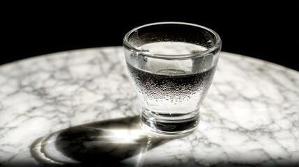 condensation. A close-up of a clear water glass with condensation on a sleek marble surface, reflecting light in a minimalist setting. bar promotions.