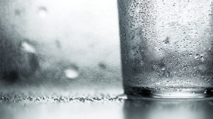 condensation. A close-up of a clear water glass with condensation on a sleek marble surface, reflecting light in a minimalist setting. bar promotions.