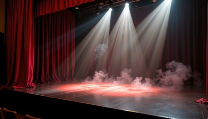 Theatrical Stage with Red Curtain and Dramatic Lighting