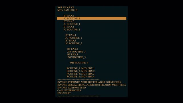 Close-Up of Computer Screen Displaying Scrolling Assembly Language Code for System Programming