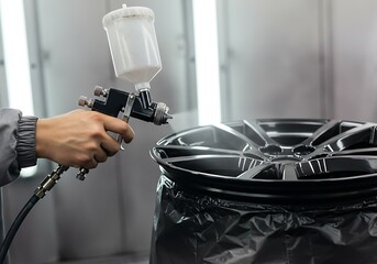 Close-up of a person's hand using a spray gun to paint a car wheel in a workshop