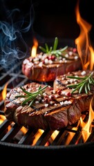 Three succulent grilled beef steaks sizzle on a fiery barbecue, adorned with fresh rosemary, coarse salt, and vibrant peppercorns, a culinary delight