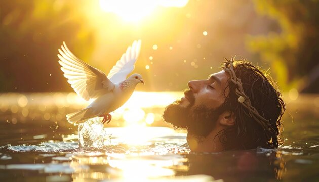 Jesus and Dove in the River at Sunset