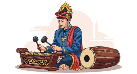 Cultural Performance, Musician, Traditional Venue, Illustration, Vibrant Setting, Close-Up View, Artistry of Southeast Asian Instruments