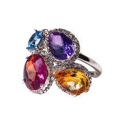 Close-up of a ring with colorful gemstones