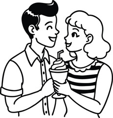 couple sharing ice cream sundae illustration on transparent background