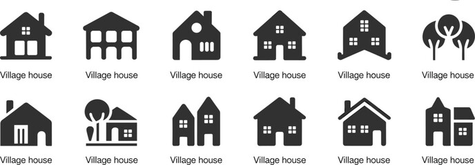 Set of 12 minimalist village house icons, black and white home silhouettes, modern architecture symbols, real estate vector collecti
