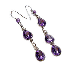 Elegant, dangling earrings with three teardrop-shaped amethyst gemstones, set in a silver-toned metal