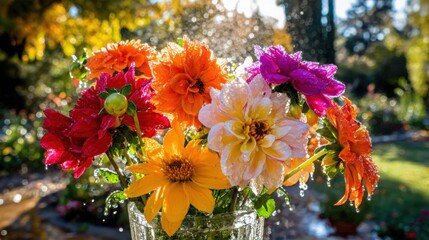 dew. Flower arrangement in a morning garden with natural light and dew. gardening catalogs, home-decor guides, designed for gardening and botanical catalogs, enhances decor appeal.