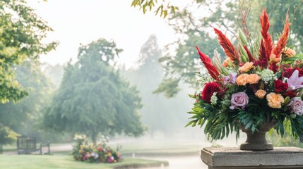 dew. Flower arrangement in a morning garden with natural light and dew. gardening catalogs, home-decor guides, designed for gardening and botanical catalogs, enhances decor appeal.