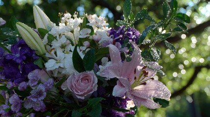 dew. Flower arrangement in a morning garden with natural light and dew. gardening catalogs, home-decor guides, designed for gardening and botanical catalogs, enhances decor appeal.