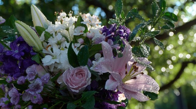 dew. Flower arrangement in a morning garden with natural light and dew. gardening catalogs, home-decor guides, designed for gardening and botanical catalogs, enhances decor appeal.