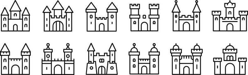 Set of twelve outlined black and white castle icons, fairytale and medieval fortress clipart, vector style, perfect for design projects