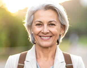 Close-up portrait of a smiling mature woman with short gray hair, outdoors in soft sunlight