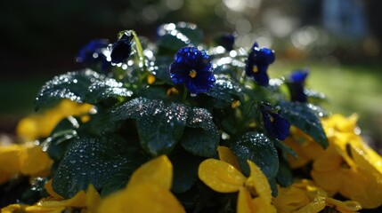 dew. Flower arrangement in a morning garden with natural light and dew. gardening catalogs, home-decor guides, designed for gardening and botanical catalogs, enhances decor appeal.