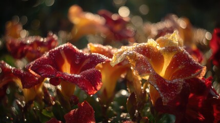 dew. Flower arrangement in a morning garden with natural light and dew. gardening catalogs, home-decor guides, designed for gardening and botanical catalogs, enhances decor appeal.