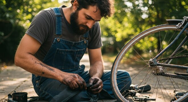 Man repairing a bicycle outdoors on a sunny day.