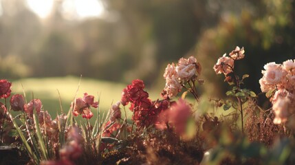 dew. Flower arrangement in a morning garden with natural light and dew. gardening catalogs, home-decor guides, designed for gardening and botanical catalogs, enhances decor appeal.