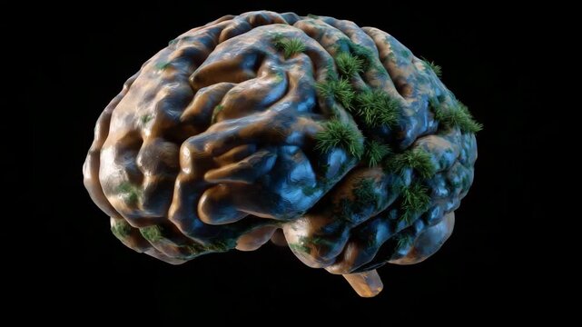 A brain with green moss growing on it. The moss is covering. Dark conceptual closeup of rotten brain with green mold and fungal growth emerging from surface, symbolic mental deterioration