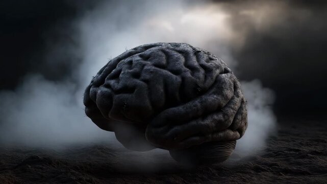 A brain is shown in a black and gray color. It is surrounded by smoke. Conceptual of rotten brain covered in black toxic mold with fumes, dark symbolic decay